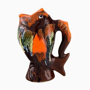 Jug in Glazed Ceramics Shaped Like a Fish from Belgian Studio Ceramicist