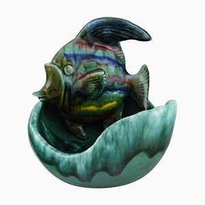Cuenco de cerámica esmaltada con pez de Belgian Studio Ceramicist, años 60