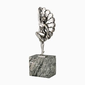 Art Deco Silvered Bronze Dancer Sculpture with Feathers by H. Molins, 1930s