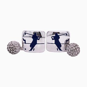 Navy Blue Enameled Sterling Silver Golf Player Cufflinks from Berca