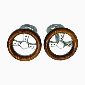 Hand Inlaid Cherry Wood & Sterling Silver Steering Wheel Shaped Cufflinks from Berca