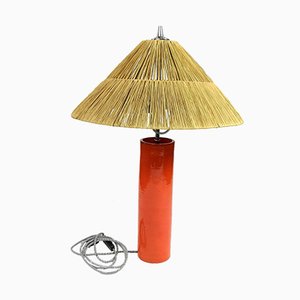 Orangefarbene Tischlampe aus Keramik, Schilfrohr & Chrom, 1970er