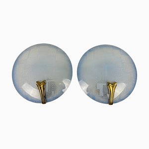 Brass and Blue Glass Sconces, 1960s, Germany, Set of 2