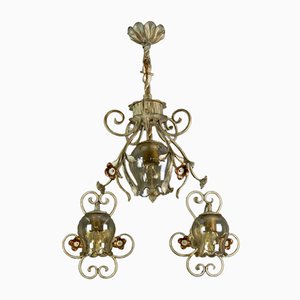 Wrought Iron and Glass Pendant Light & Sconces, Set of 3