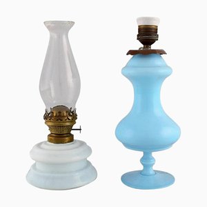 Antique Petroleum Burner and Lamp in Mouth-Blown Opal Art Glass, 1900s, Set of 2