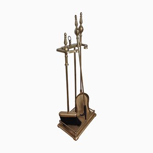 Vintage Three-Piece Brass Fire Tool Set with Stand, Set of 4