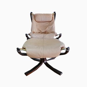 Set of Leather Falcon Chair with Foot Chair by Sigurd Ressell for Vatne Möbler, Norway