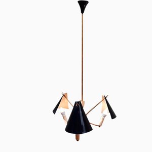 3-Light Chandelier in Brass and Lacquered Metal in the Style of Stilnovo, Italy, 1950s