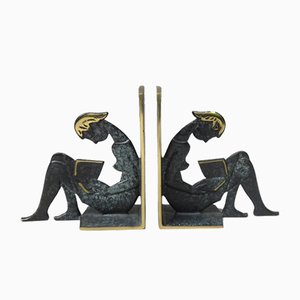 Reading Girl Bookends in Brass with Black-Green Patina, 1950s, Set of 2