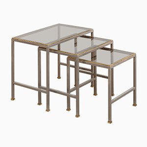 Tavolini ad incastro Mid-Century in ottone e metallo cromato, set di 3