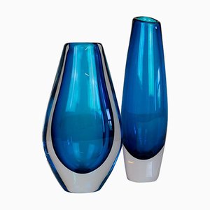 Mid-Century Heavy Crystal Clear Blue Vases by Sven Palmqvist for Orrefors, Set of 2