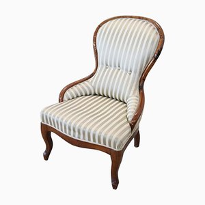 Antique Walnut Armchair with Silk Seat, 1850s