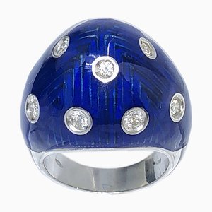 Royal Blue Hand Enameled White Gold Cocktail Ring with 0.6k White Diamond from Berca Vintage Collection, 1950
