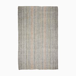 Tappeto Kilim Mid-Century moderno a righe gialle e color salmone, Turchia