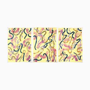 Tríptico de pintura abstracta de rizos amarillos, 2021