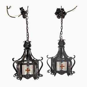 19th Century Gothic Stained Glass Pendant Lanterns, Set of 2