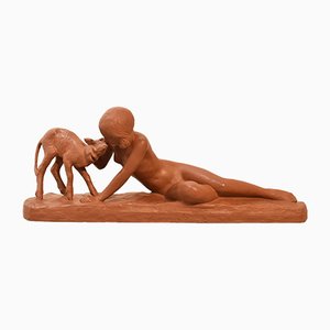 Sculpture de Petite Fille avec Petite Chèvre Art Déco en Terracotta, 20ème Siècle