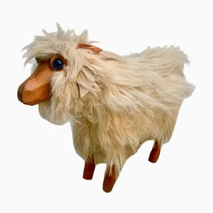 Vintage Pinewood Goat Sculpture with Long Fur and Leather, 1970s