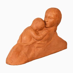 Escultura de maternidad Art Déco de terracota de Gennarelli, siglo XX