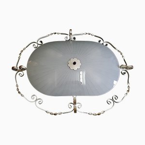 Large Vintage Ceiling Lamp with Cream Painted Wrought Iron Mount, Oval Glass Bowl, 4 Lights and Brass Ball Finial, 1960s