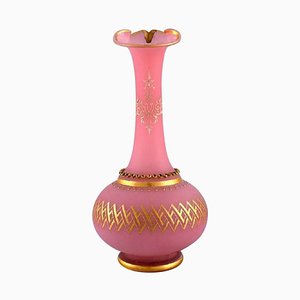 Large Vase in Pink Mouth-Blown Art Glass Decorated with 24 Carat Gold Leaf