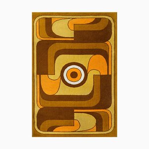 Alfombra abstracta de lana naranja, amarilla y marrón, años 70