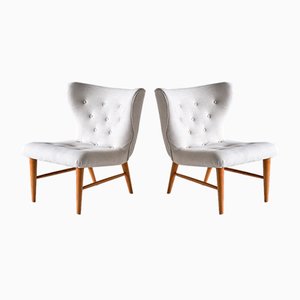 Set of Lounge Chairs in Ivory Linen and Elm by Eric Bertil Karlén, Sweden, 1940s