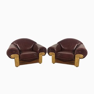 Art Deco Style Wooden and Leather Chairs, 1940s, Set of 2