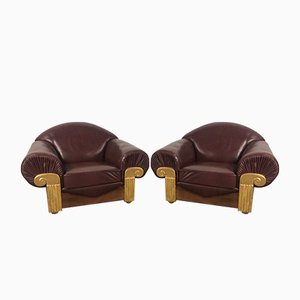 Set of Art Deco Style Wooden and Leather Chairs, 1940s