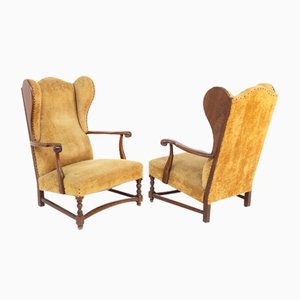 Set of English Armchairs in Velvet and Walnut Wood, Late 19th Century