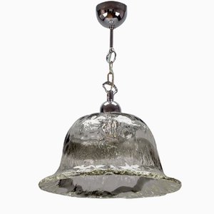 Italian Bell-Shaped Iced Murano Glass and Chrome Pendant Lamp