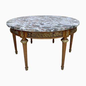 20th Century French Louis XVI Style Bronze, Round Marble & Oak Table