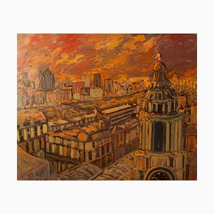 Sunset Over London, Fin 20th-Century, Paysage Impressionniste en Acrylique, Quirke, 1995