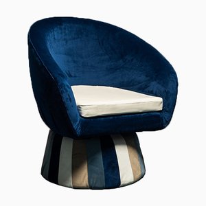 Circular Blue Velvet Lounge Chair, 1970s