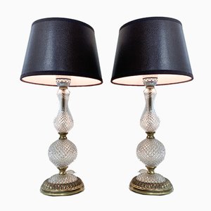 Vintage French Cut Glass and Brass Table Lamps, 1950s, Set of 2
