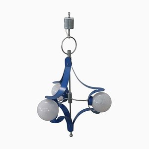 Vintage Glass and Blue Lacquered Metal Chandelier from Stilnovo, 1950s