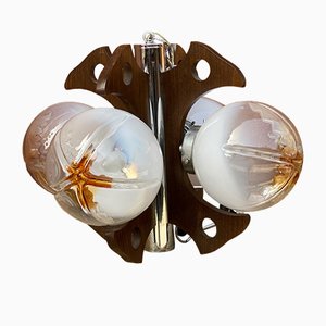Lampada a sospensione in legno e acciaio cromato a 4 luci di Mazzega, Italia, anni '60