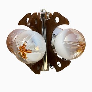 Lámpara colgante de madera y acero cromado con cuatro luces de Mazzega, Italy, años 60
