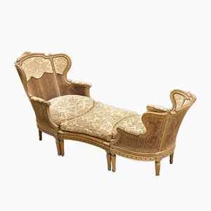 Chaise Lounge Set with Armchairs and Footstool in Viennese Straw, France, Mid-19th-Century, Set of 3