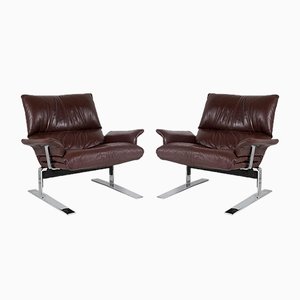 Mid-Century Chrome and Brown Leather Lounge Armchairs by Pieff, Set of 2