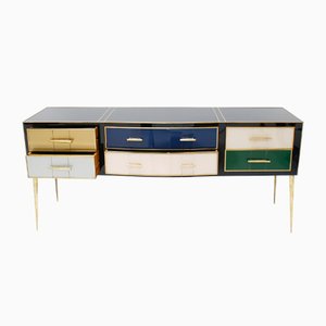 Enfilade Mid-Century en Bois Massif et Verre Coloré, Italie