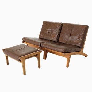 Ge-375 Leather Chair & Ottoman Set by Hans J. Wegner for Getama, Set of 3