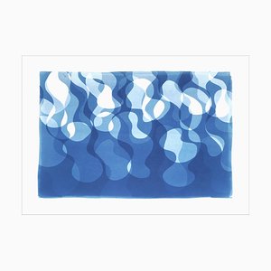 Curvy Water Flow with Abstract Shapes in Blue Tones, Pool Style Cyanotype Print, 2021