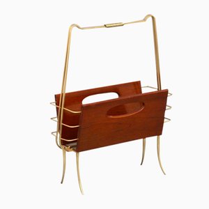 Mahogany Newspaper Rack with Brass Handles and Legs by Cesare Lacca, Italy, 1950s