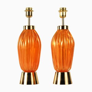 Vintage Tischlampen aus Muranoglas in Orange & Gold von Seguso, 2er Set