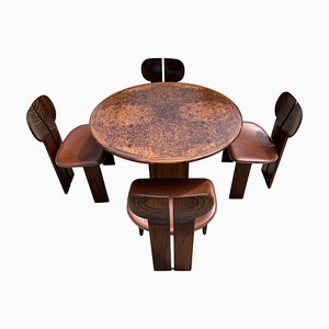 Mesa de comedor y sillas Africa de raíz de nogal y cuero de Tobia & Afra Scarpa para Maxalto, 1976. Juego de 5