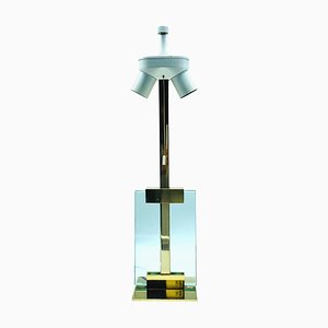 Brass and Green Glass Table Lamp in the Style of Fontana Arte, Italy, 1970s