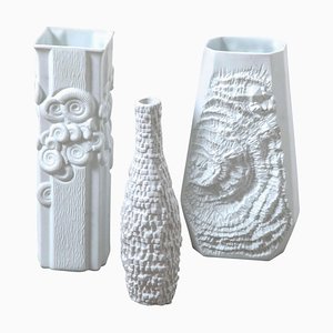 Textural Ammonite White Porcelain Vases from Kaiser, Germany, Set of 3