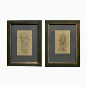 Cubist Style Female Studies of Life Drawings, Early 20th Century, Set of 2