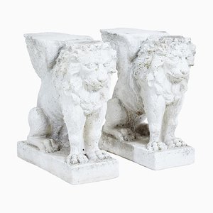 Early 20th Century Stone Garden Lion Pedestals, Set of 2